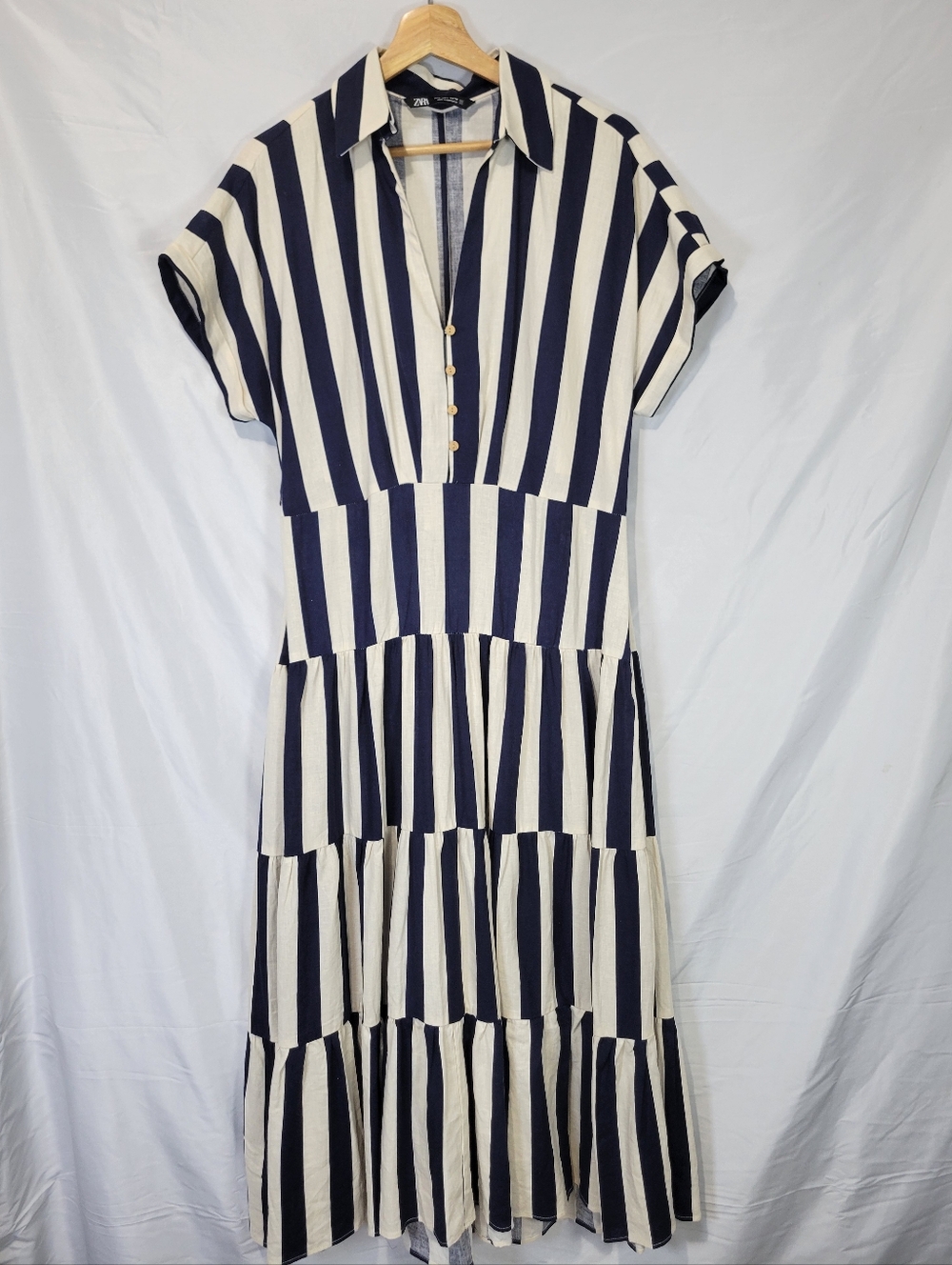Zara Striped Tiered Linen Blend Cut Out Midi Shirt Dress Nautical Coastal Boho - Picture 5 of 16